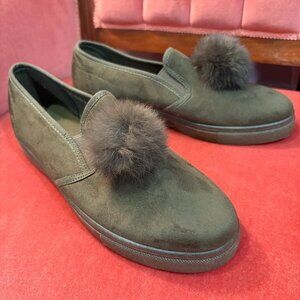 Faux Suede Olive Green Loafer with Faux Fur Pompoms. Size 39